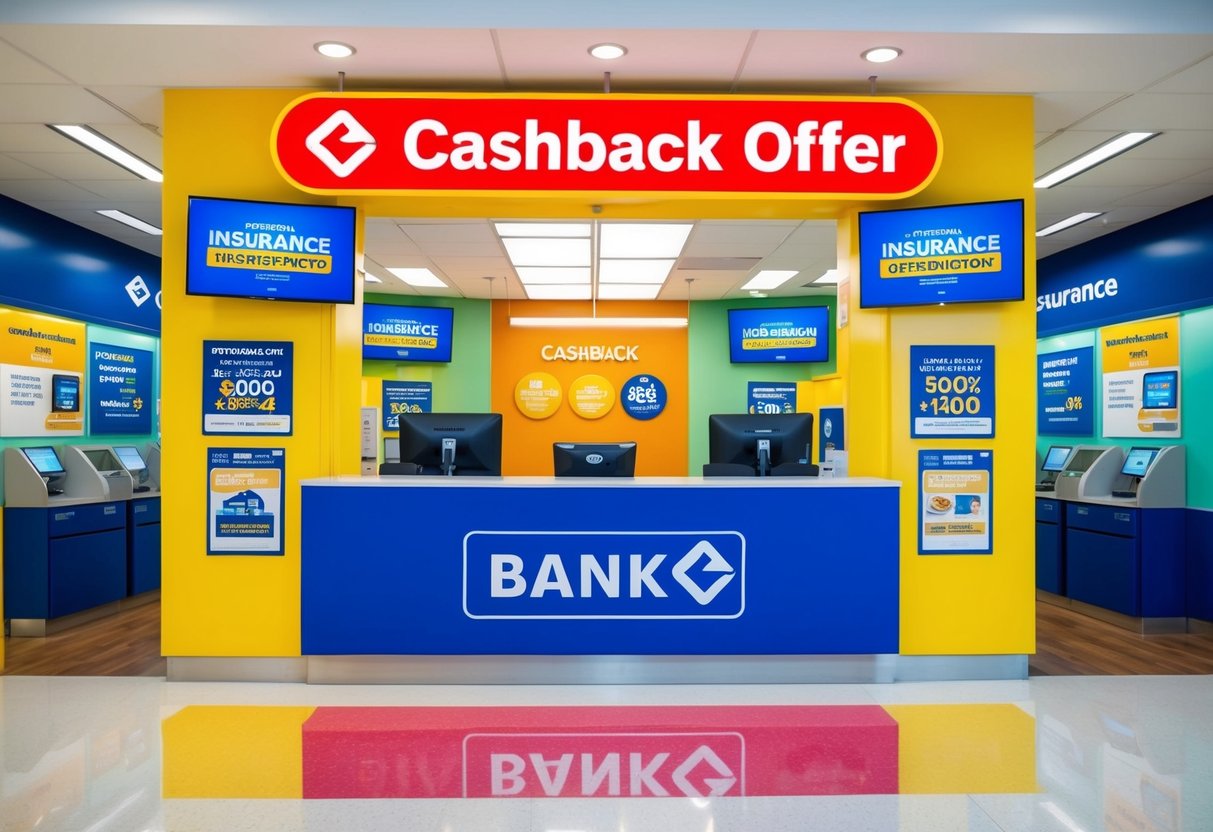 A bright, colorful bank branch with a prominent "Cashback Offer" sign. Various insurance promotions displayed on digital screens and posters throughout the space