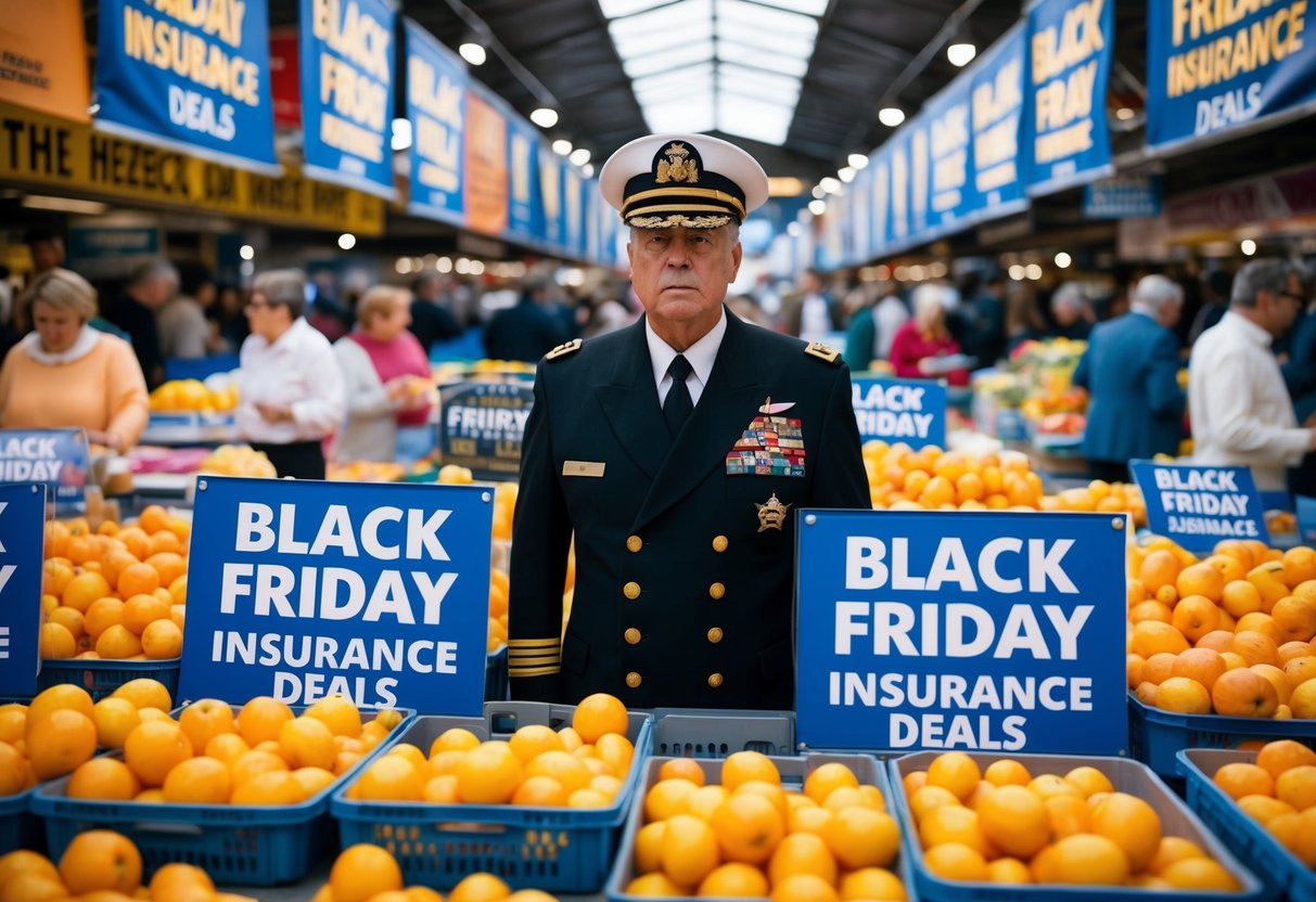 A crowded marketplace with banners and signs promoting Black Friday insurance deals, overseen by a stern-looking admiral figure