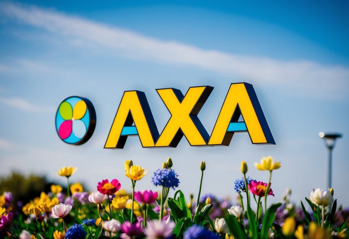 A colorful spring garden with blooming flowers and a clear blue sky, featuring the AXA logo prominently displayed
