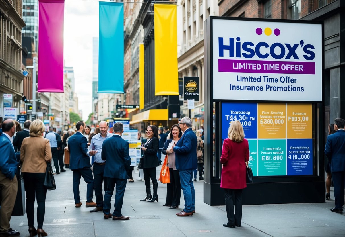 A colorful banner hanging over a bustling city street, with people stopping to look at a display of promotional materials and a large sign advertising Hiscox's Limited Time Offer insurance promotions