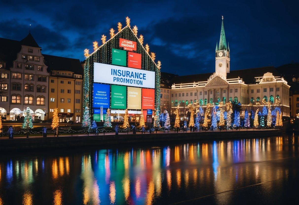 A festive Zurich cityscape with colorful holiday lights and a prominent insurance promotion display