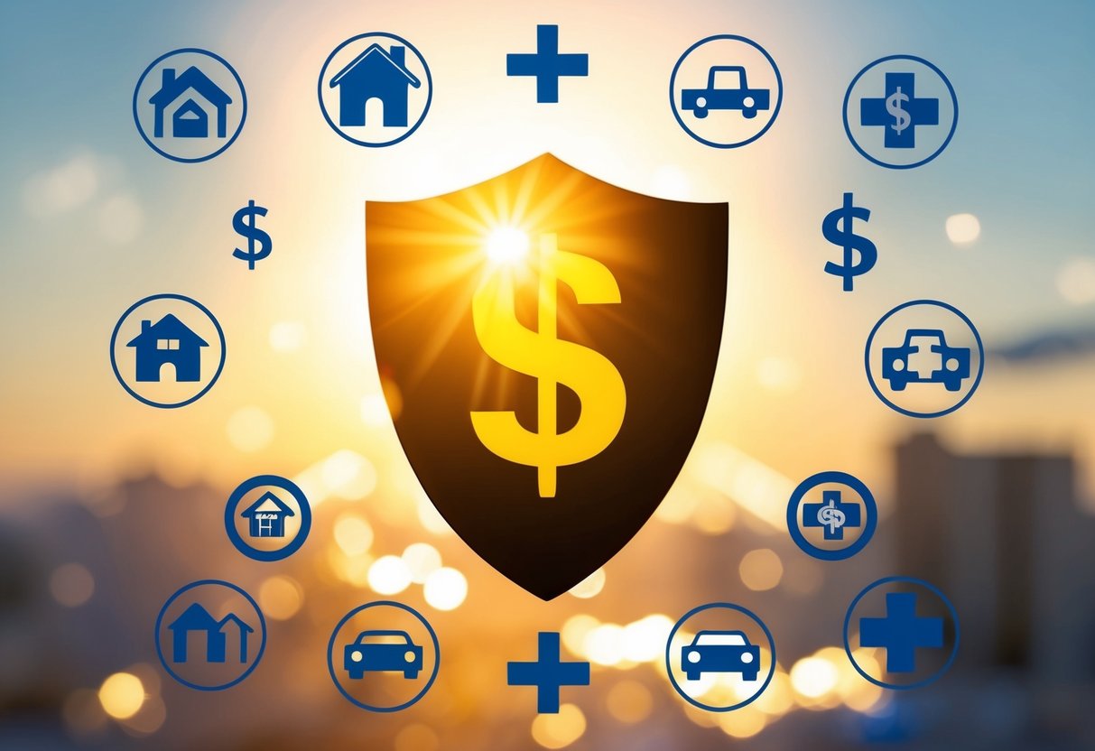 A smiling sun shining down on a shield with a dollar sign, surrounded by a variety of insurance-related symbols like a house, car, and medical cross