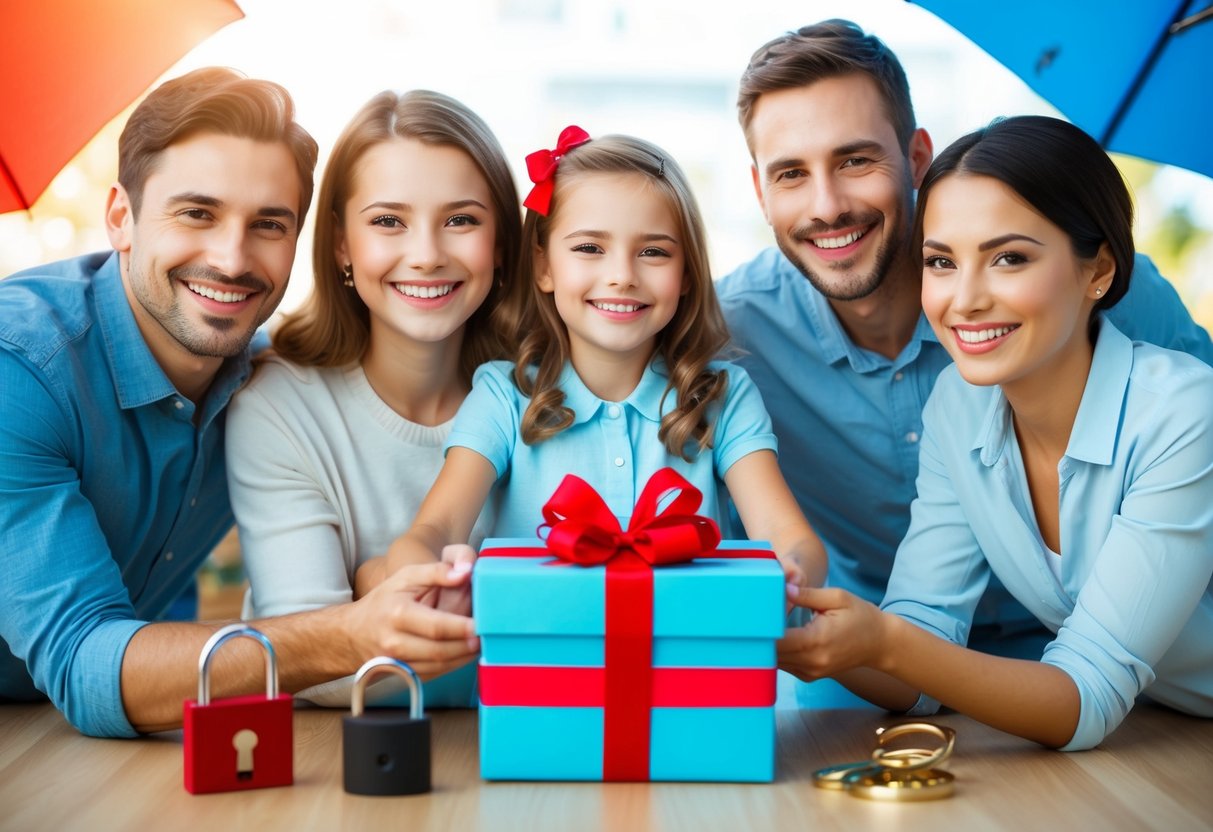 A smiling family receiving a gift box with a red bow, surrounded by symbols of protection like a shield, umbrella, and lock