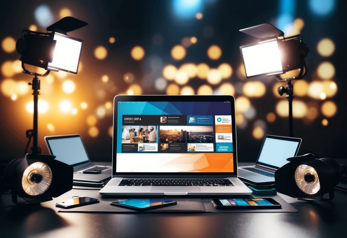 A sleek laptop surrounded by promotional materials and spotlights