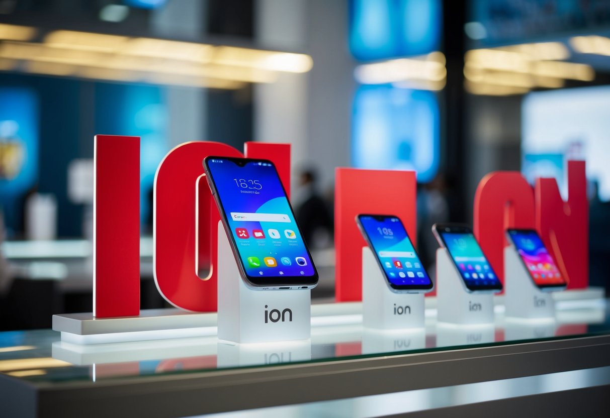 A display of Ion smartphones with promotional signs