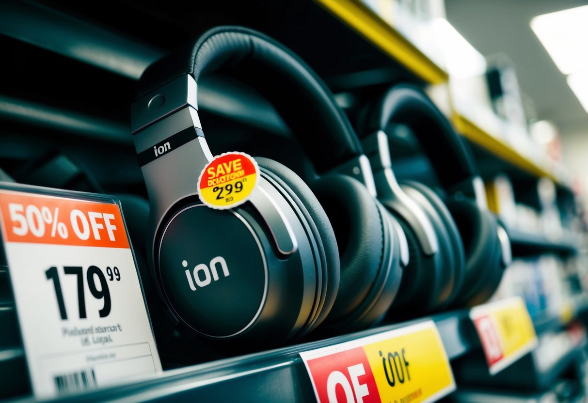 A pair of Ion headphones with a discount sticker on a store shelf