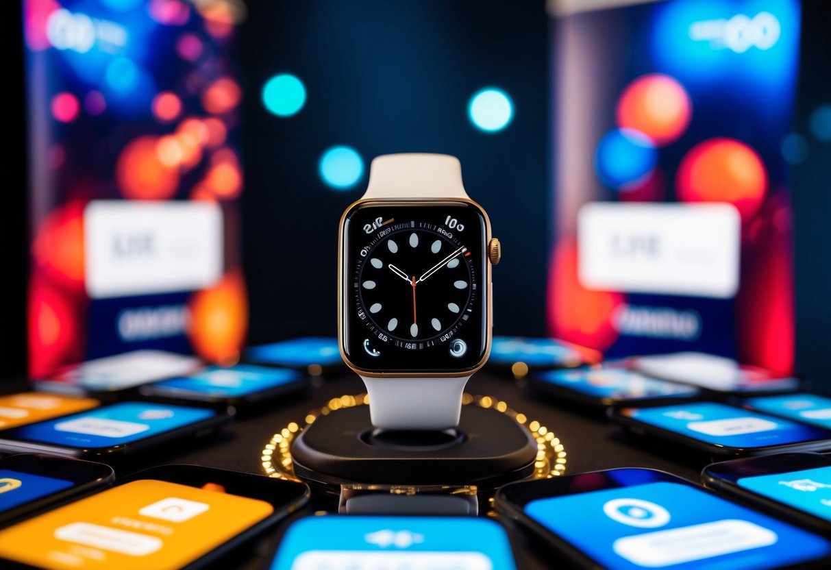 A sleek smartwatch surrounded by promotional banners and digital displays