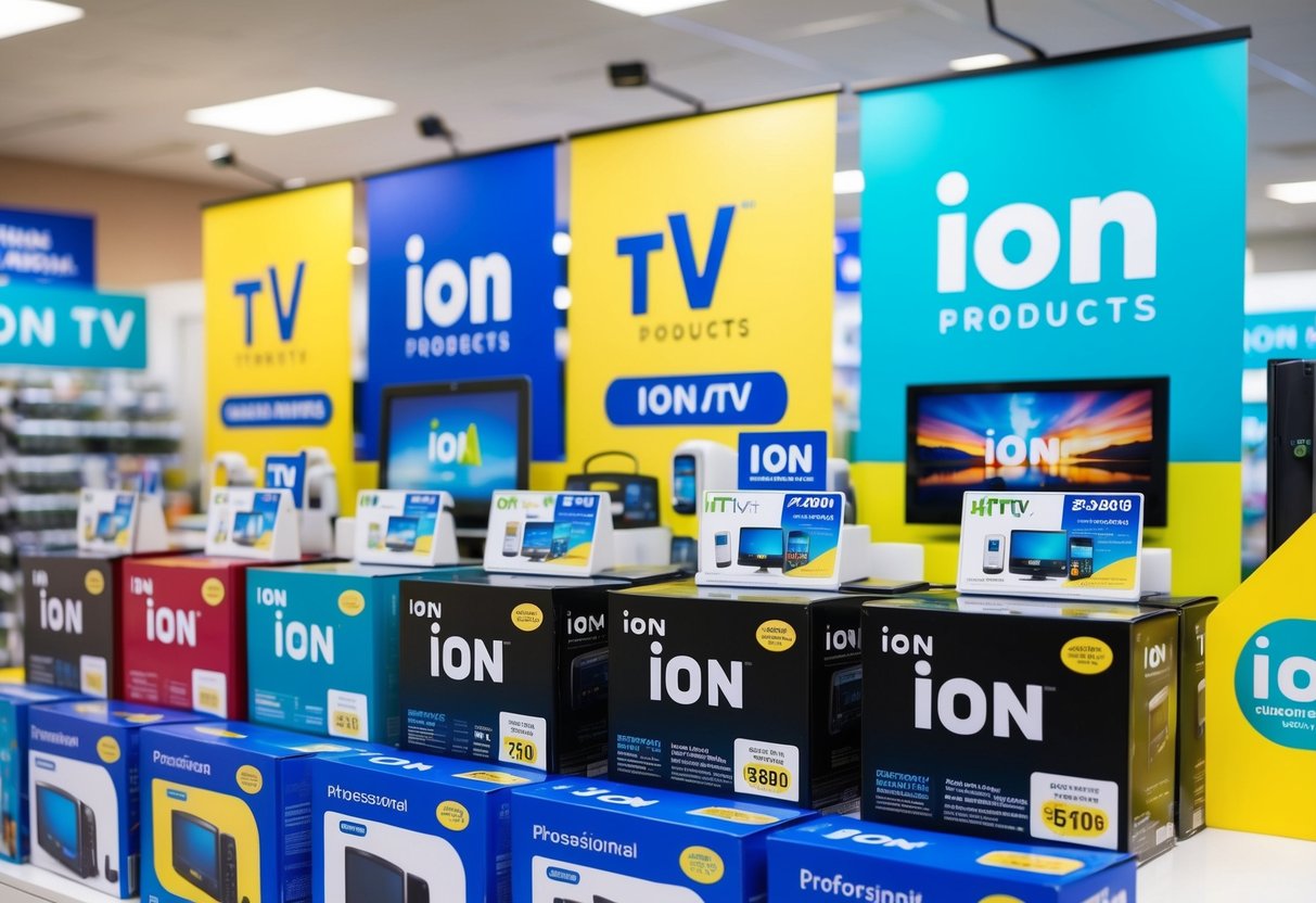 A colorful display of Ion TV products on sale with promotional banners and signs