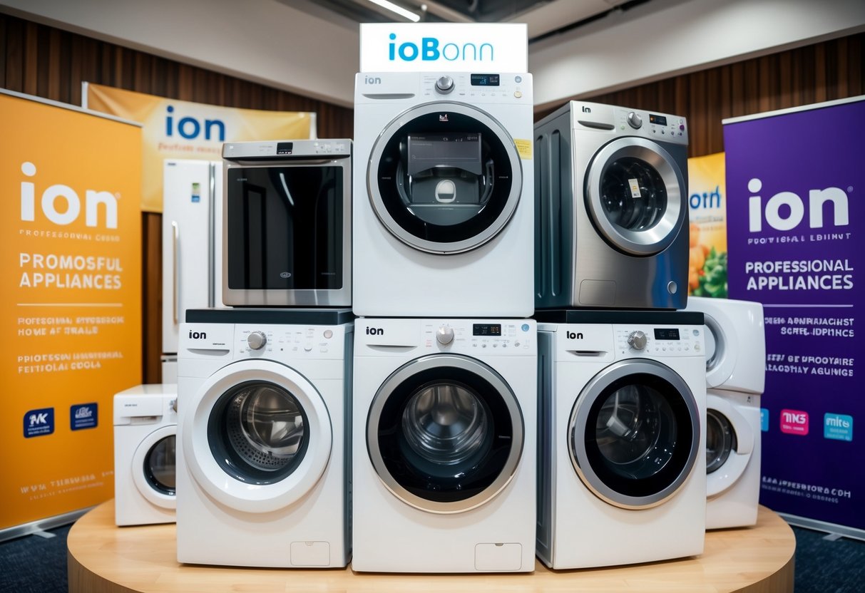 A colorful display of home appliances with "Ion" branding, surrounded by promotional signs and banners