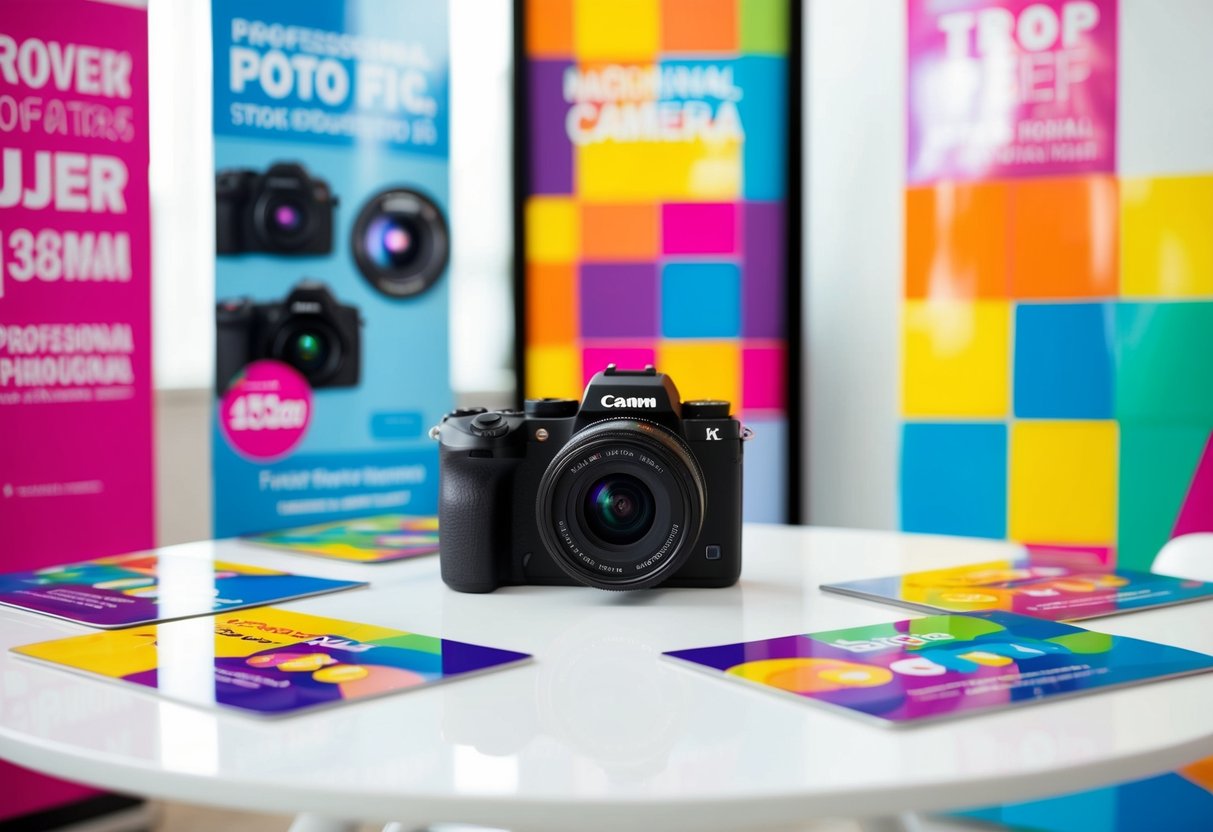 A sleek, modern camera sits on a pristine white table, surrounded by vibrant, colorful promotional materials and bright, eye-catching signage