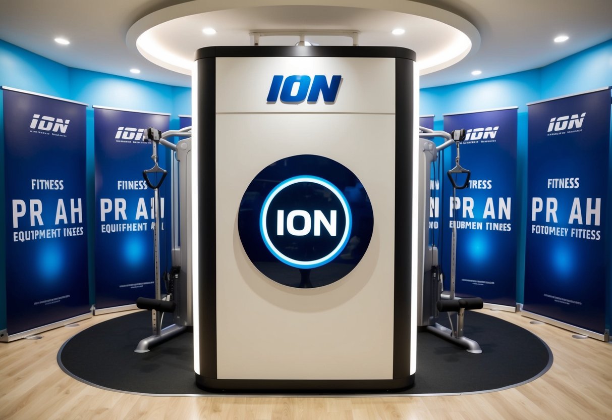 A sleek, modern fitness equipment display with the Ion logo prominently featured, surrounded by promotional banners and bright lighting