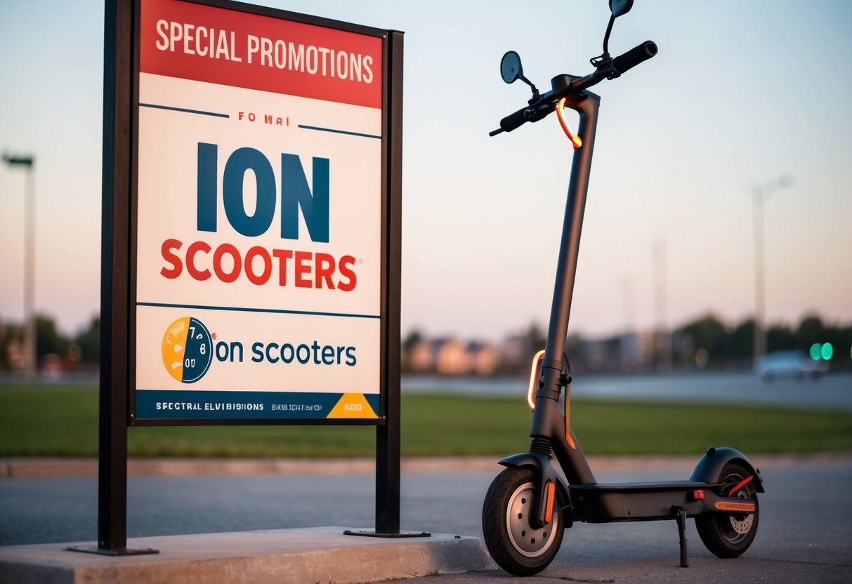 An electric scooter parked next to a sign advertising special promotions for Ion scooters