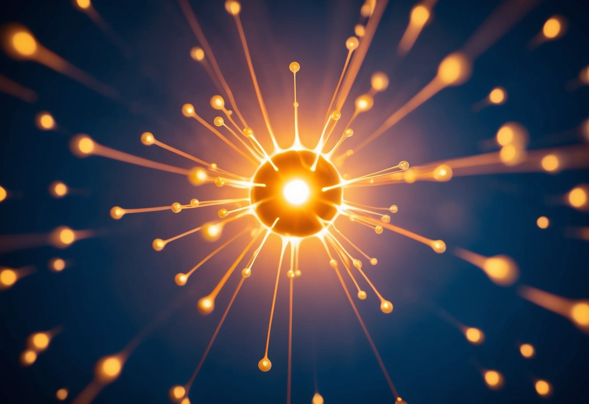 A glowing ion surrounded by smaller ions, emitting energy in all directions