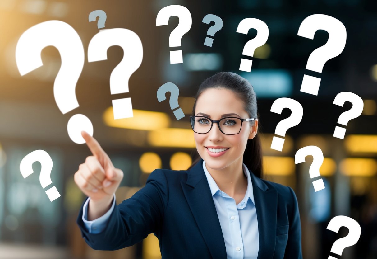 A customer service representative surrounded by question marks, pointing to a promotional banner