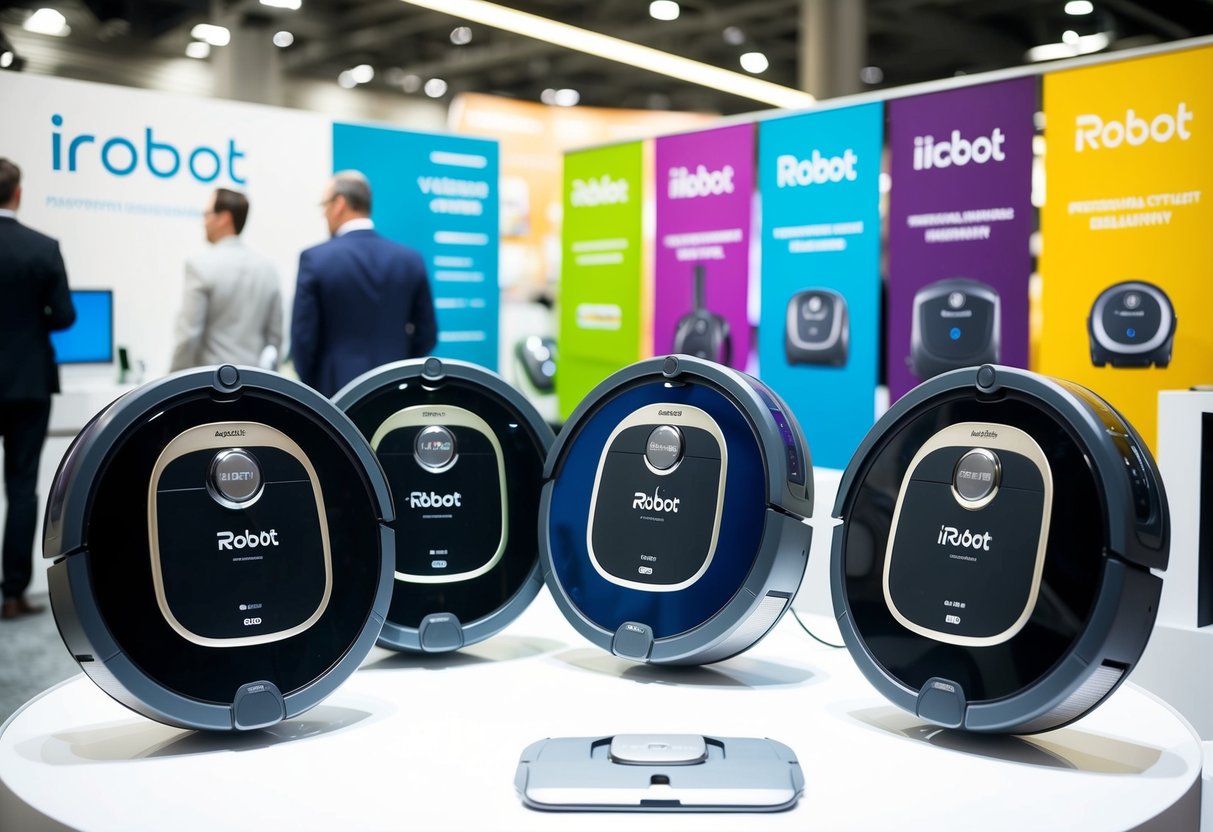 A group of iRobot vacuum cleaners on display, surrounded by colorful promotional banners and signs