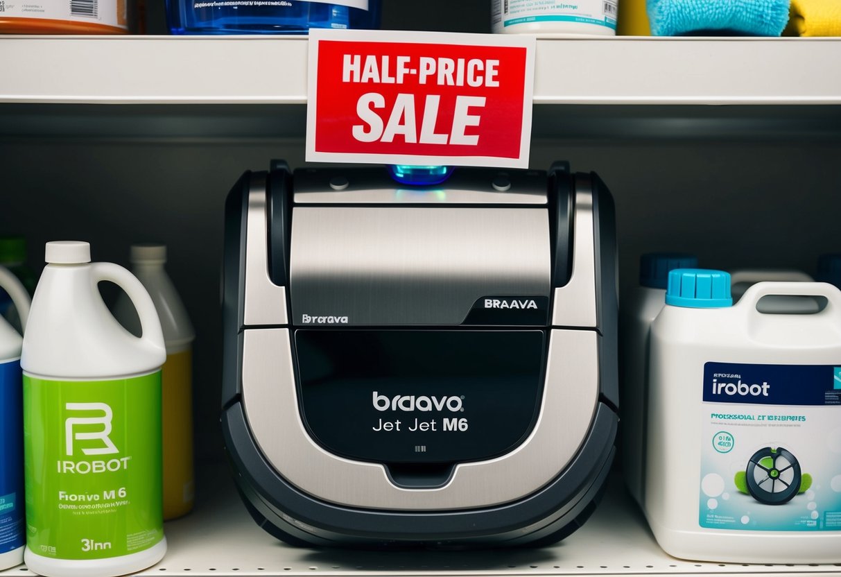 The Braava Jet m6 irobot sits on a shelf with a "Half-Price Sale" sign above it, surrounded by other cleaning products