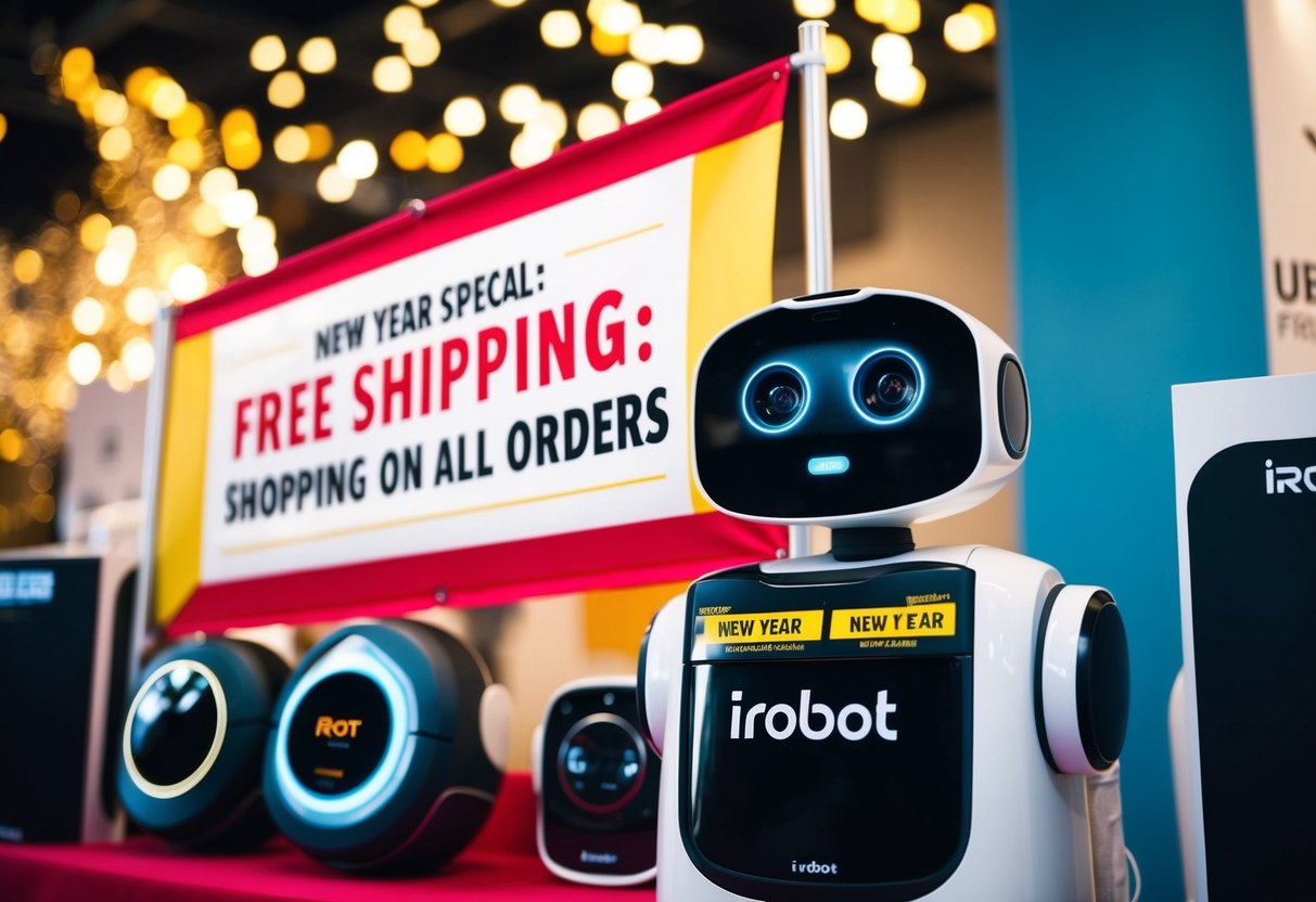 A festive display of iRobot products with a banner advertising "New Year Special: Free Shipping on All Orders" prominently featured