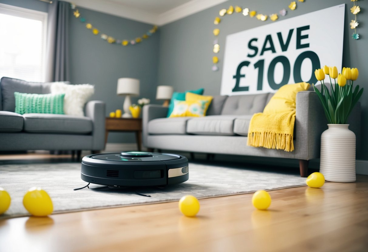 A living room with a Roomba j7 irobot cleaning the floor, surrounded by spring-themed decorations and a large "Save £100" sign