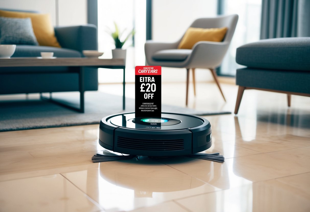 A Roomba e5 vacuum cleaner sits in a modern living room, surrounded by sleek furniture and clean floors. A promotional sticker advertises an extra £20 off