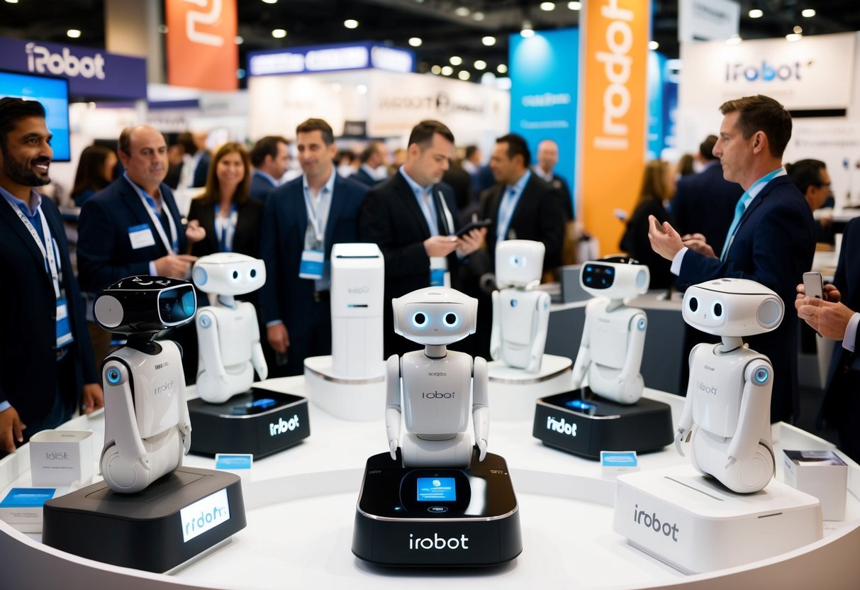 A bustling trade show booth with iRobot products on display, surrounded by eager customers and promotional banners