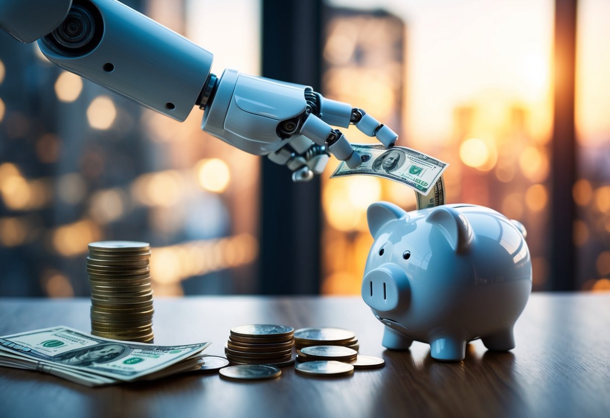 A robot placing money into a piggy bank while a stack of coins and bills sit nearby
