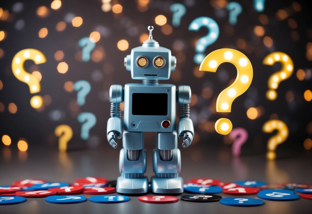 A robot surrounded by question marks, with promotional items scattered around