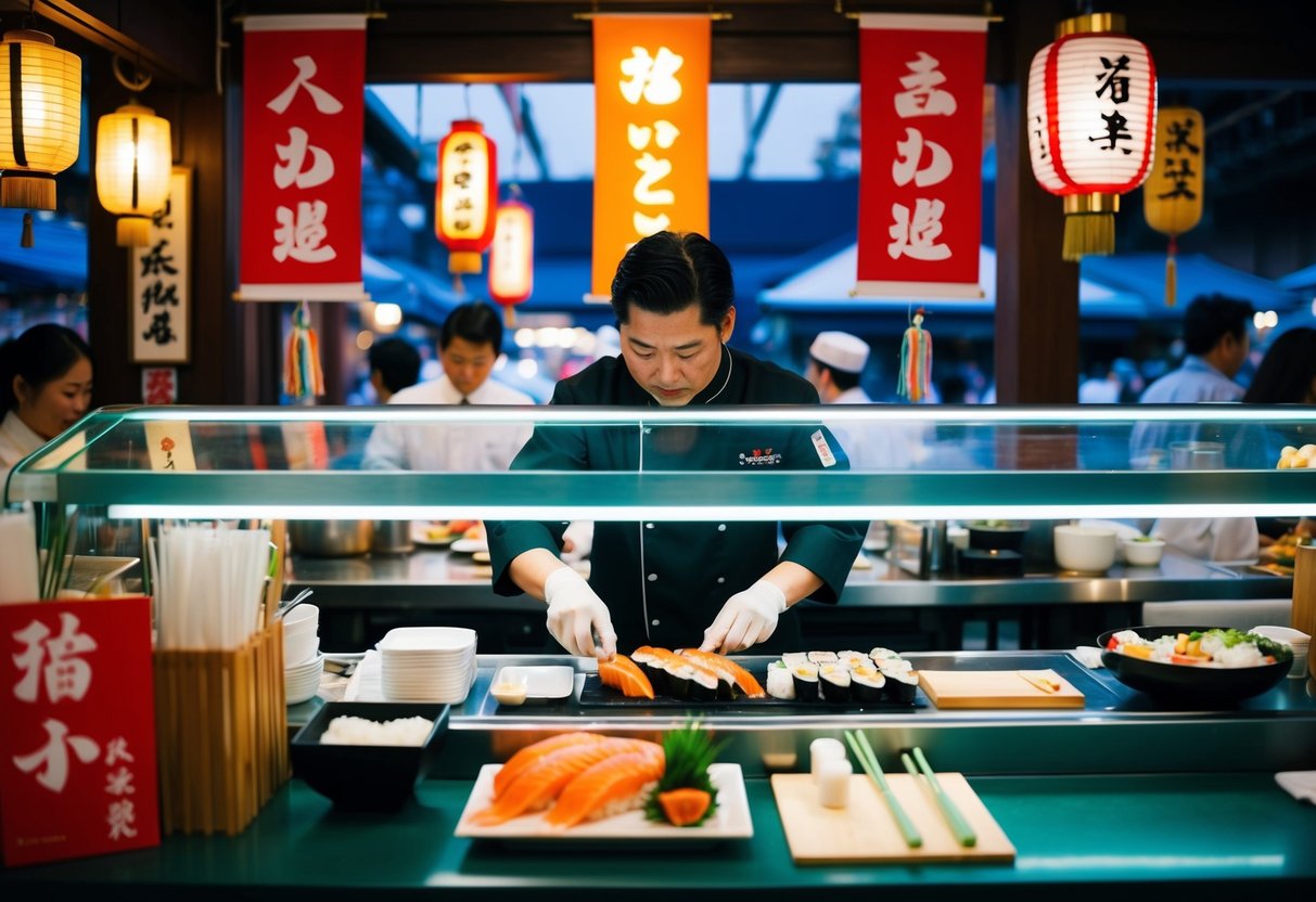 A bustling Japanese restaurant with colorful banners, lanterns, and a chef preparing sushi behind a glass counter