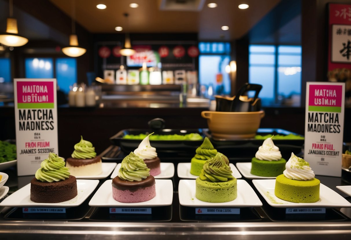 A display of colorful Matcha Madness desserts at a Japanese restaurant, with promotional signs and banners