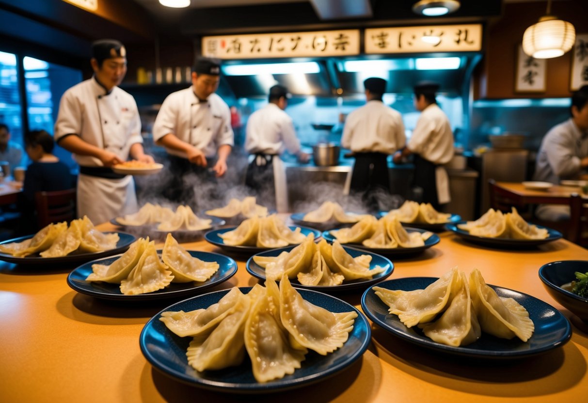Tables filled with steaming plates of gyoza, chefs bustling in the open kitchen, and customers enjoying the lively atmosphere of Gyoza Galore Wednesdays at a Japanese restaurant