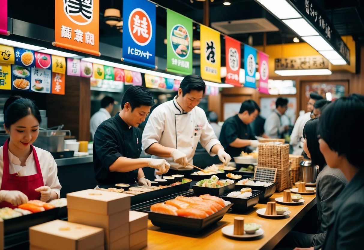 A bustling Japanese restaurant with colorful banners, a chef preparing sushi, and customers enjoying innovative promotions