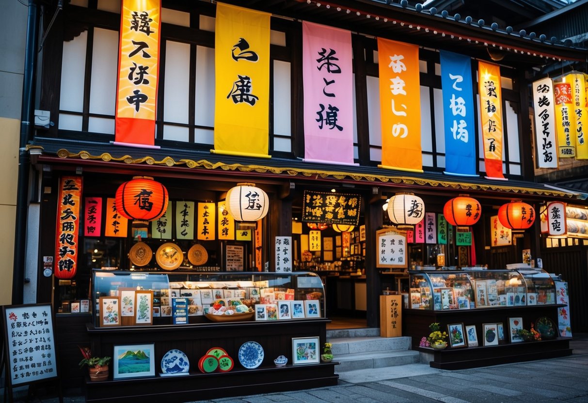 A traditional Japanese restaurant with colorful banners, paper lanterns, and a display of cultural artifacts and souvenirs