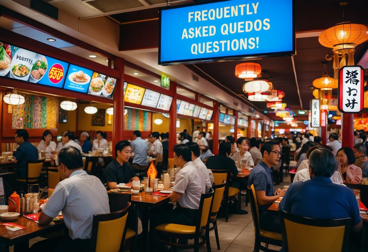 A bustling Japanese restaurant with a sign promoting "Frequently Asked Questions" deals, surrounded by colorful decor and busy diners
