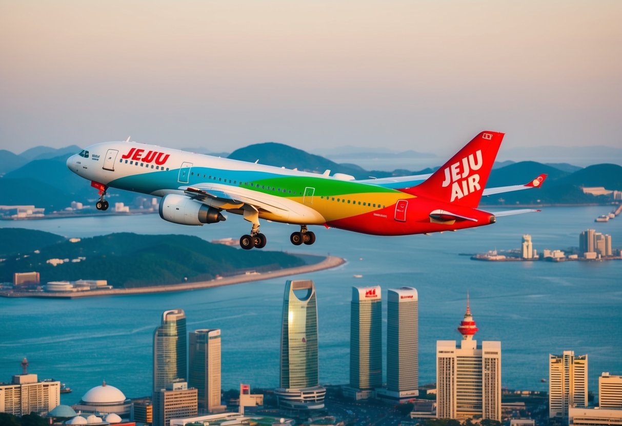 A colorful Jeju Air plane flying over Busan's iconic landmarks