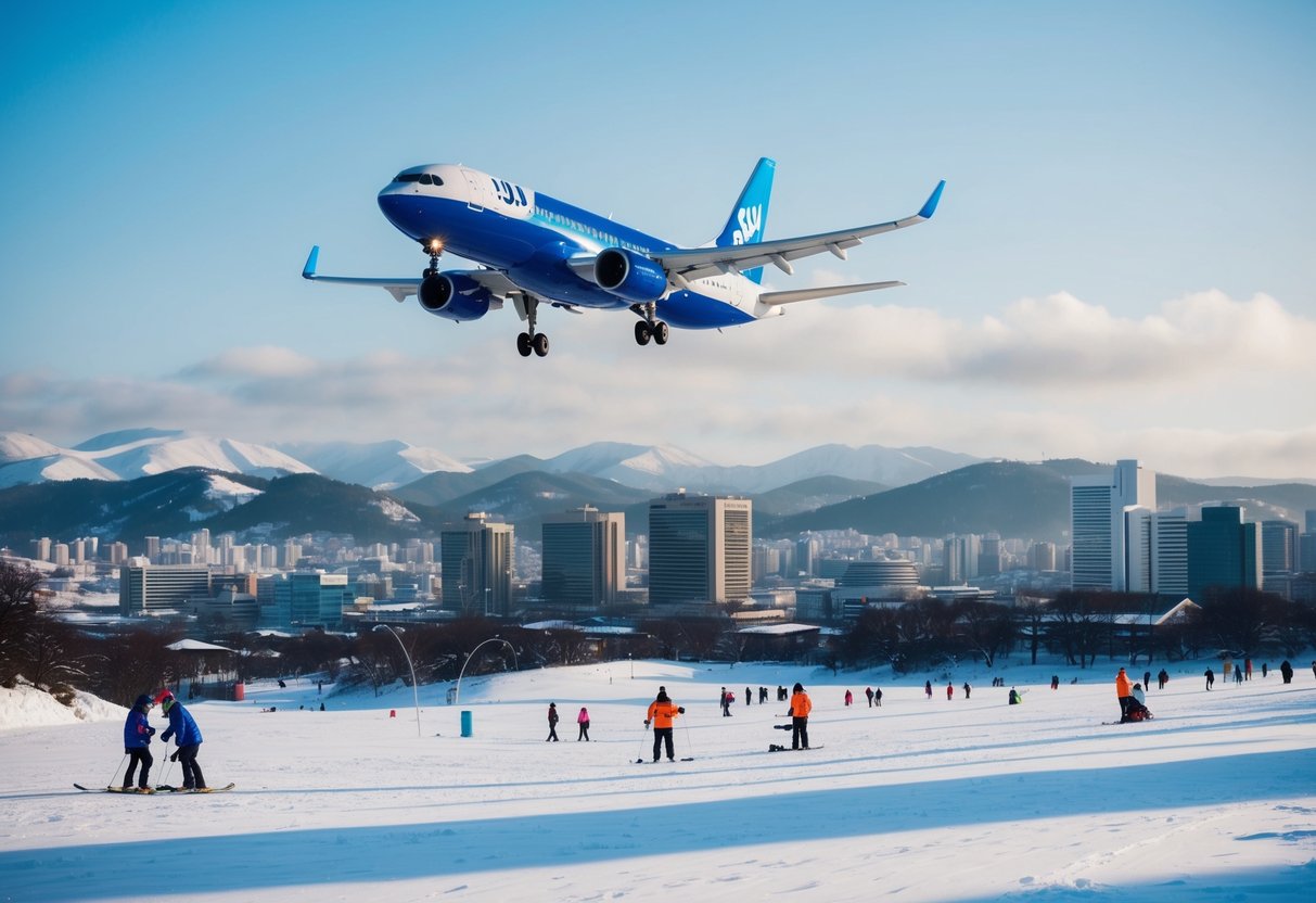 A snowy landscape with a Jeju Air plane flying over Busan's cityscape. Snow-covered mountains in the background and people enjoying winter activities