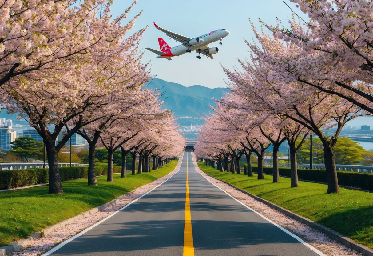 A colorful cherry blossom tree-lined path leading to a Jeju Air plane flying over a scenic view of Busan