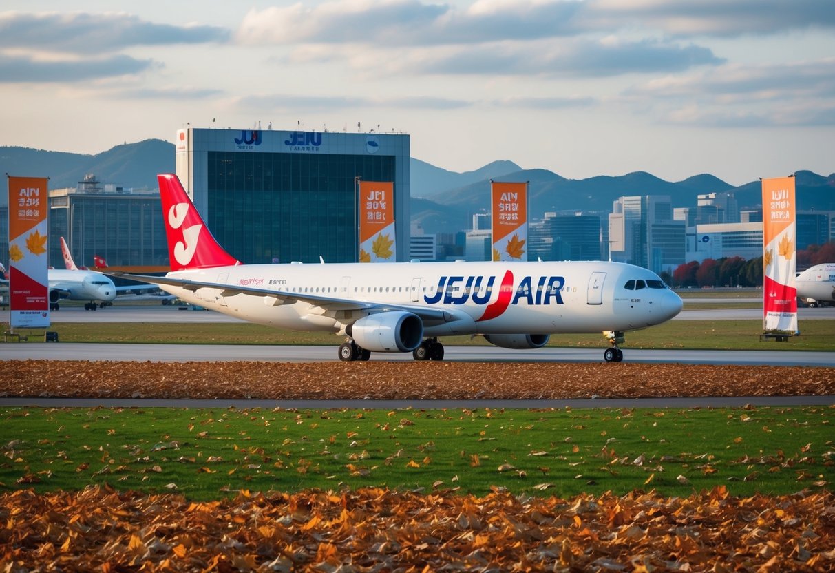 Autumn leaves cover the ground as a Jeju Air plane prepares for takeoff in Busan, with promotional banners displayed nearby