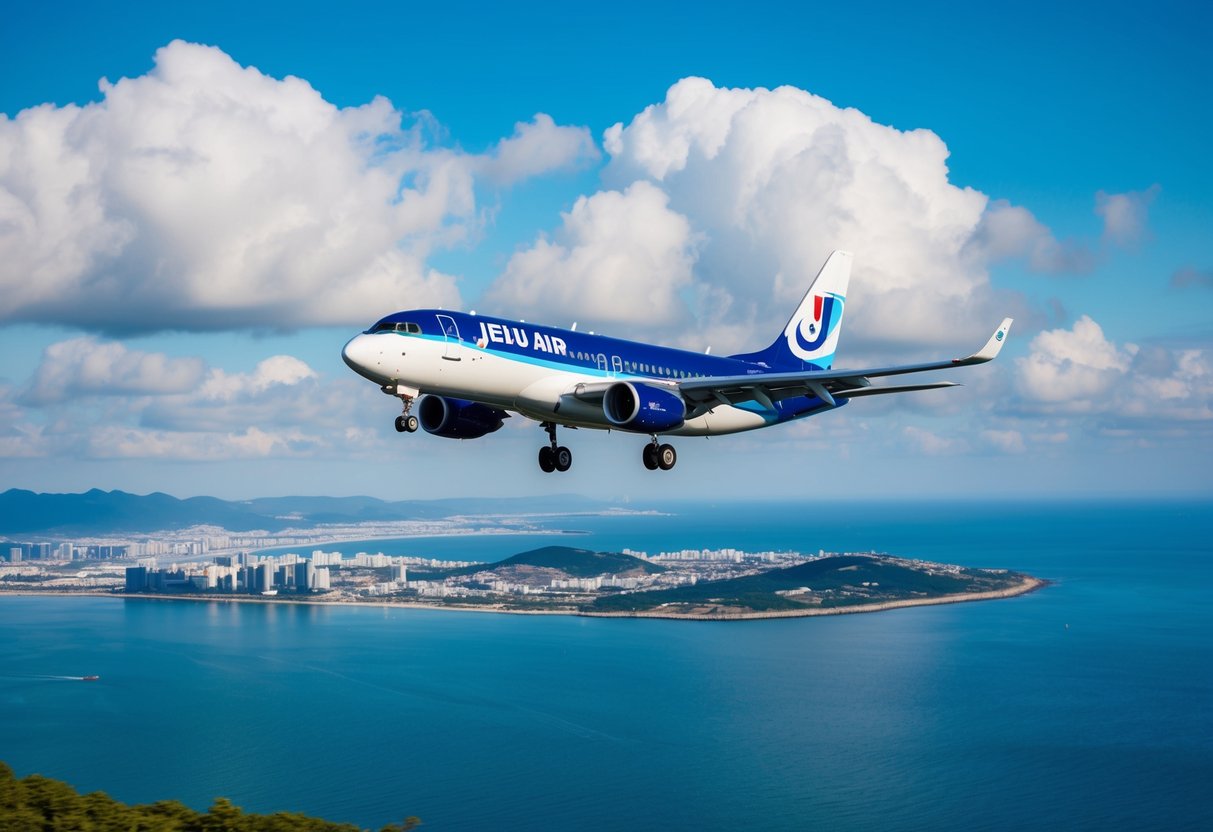 A Jeju Air plane flying over the scenic coastline of Jeju Island, with Busan visible in the distance. Blue sky and fluffy white clouds above