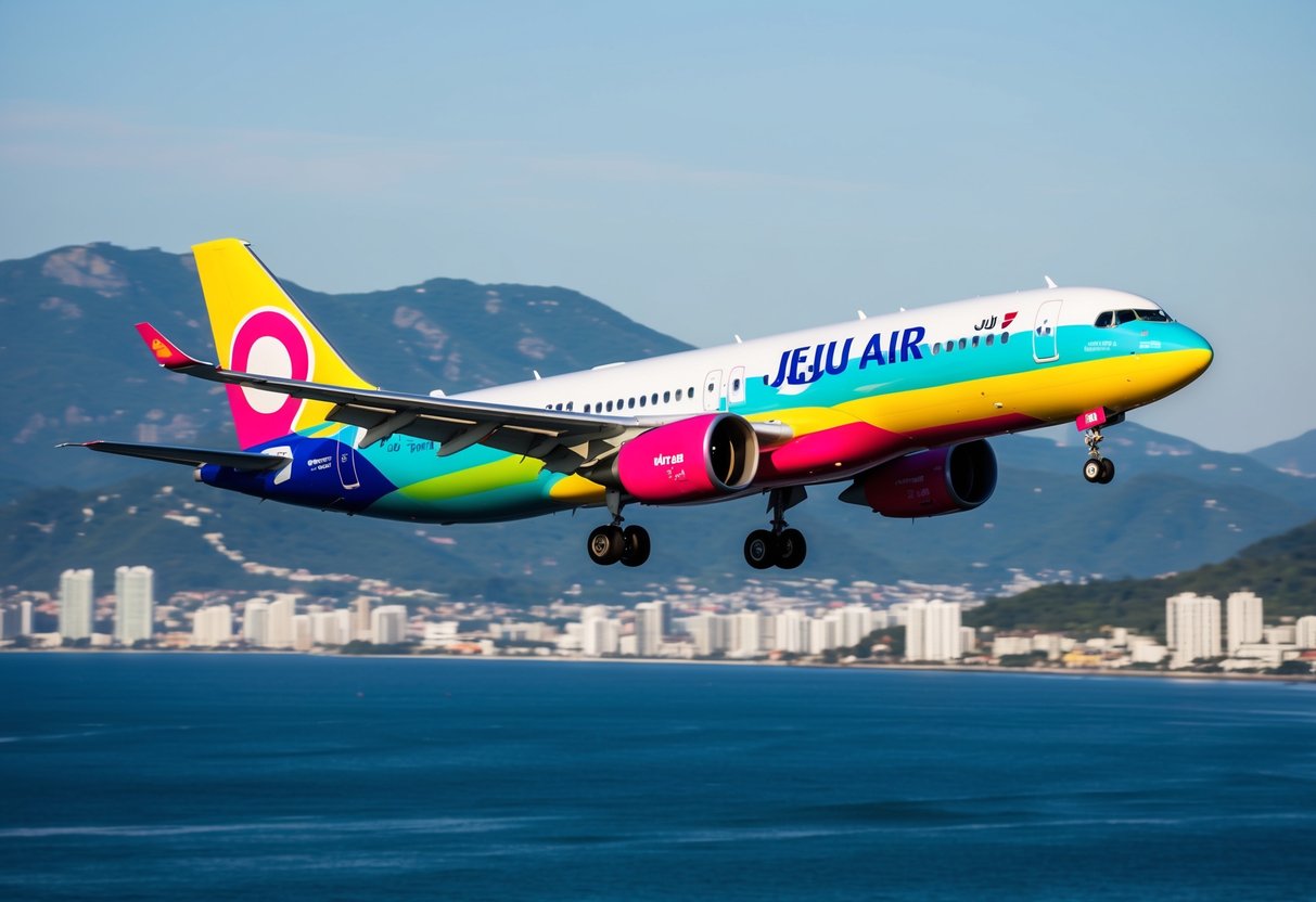 A vibrant airplane flying over a scenic coastal city with mountains in the background. The plane is prominently displaying the Jeju Air logo