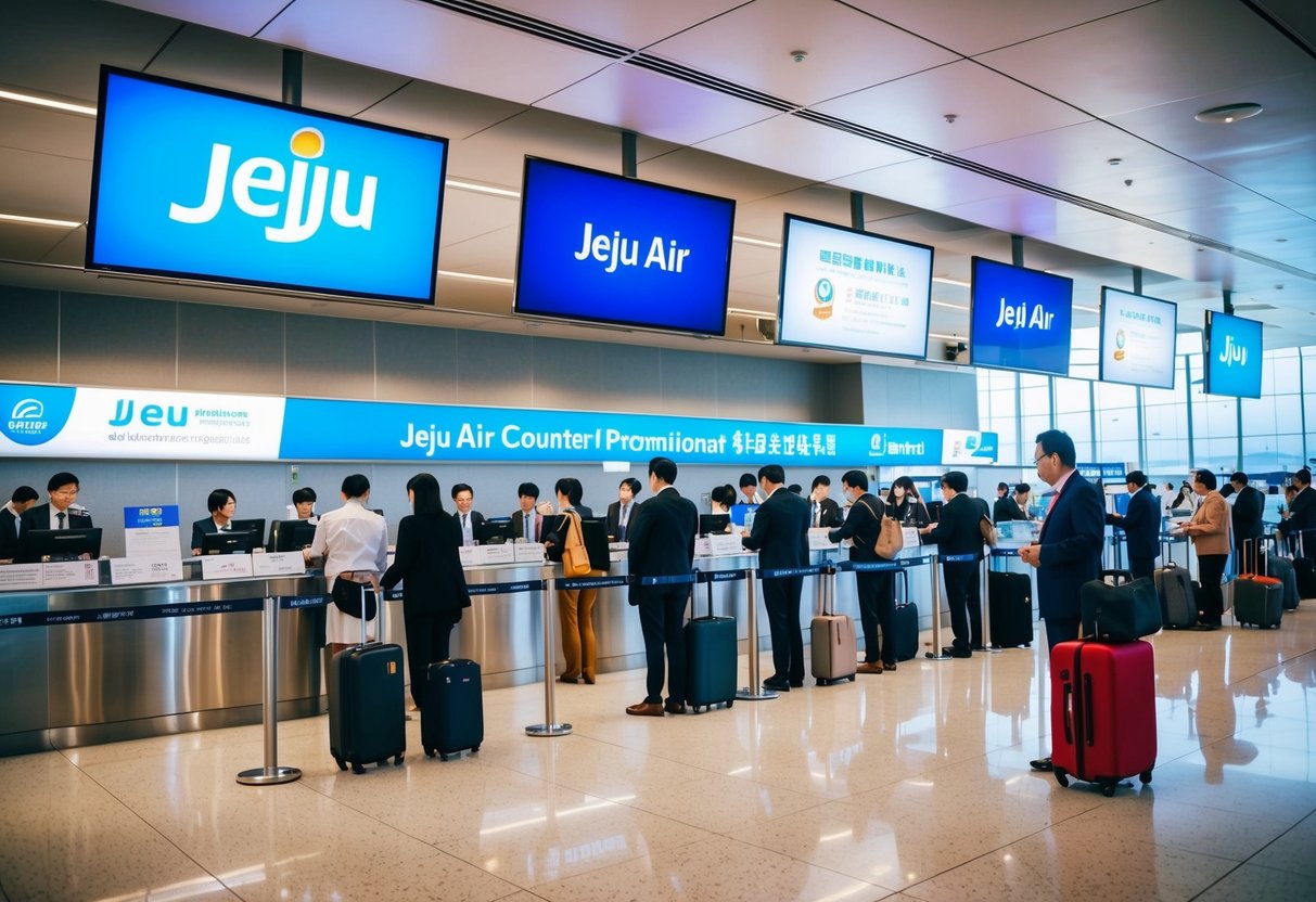 A vibrant airport terminal with passengers lining up at the Jeju Air counter, promotional banners displayed overhead