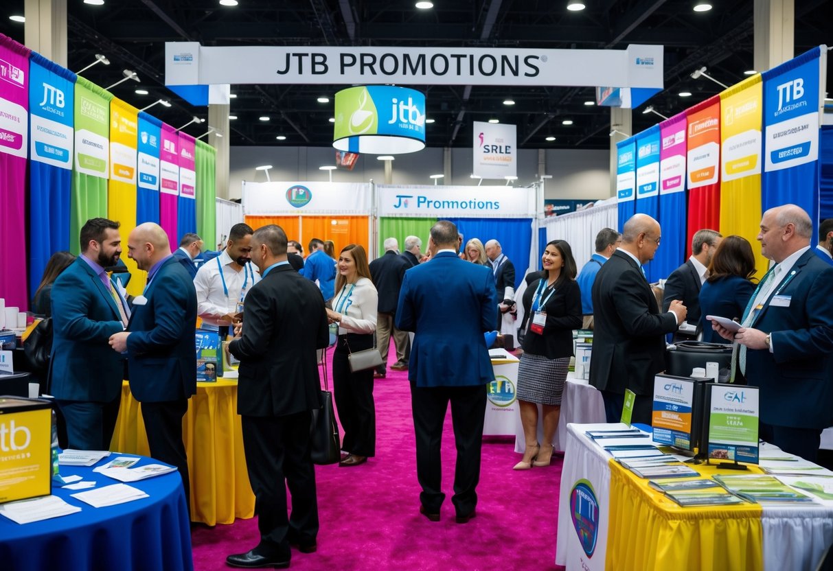 A bustling trade show booth with colorful banners and promotional materials displayed on tables. Attendees engage with staff at the jtb promotions exhibit
