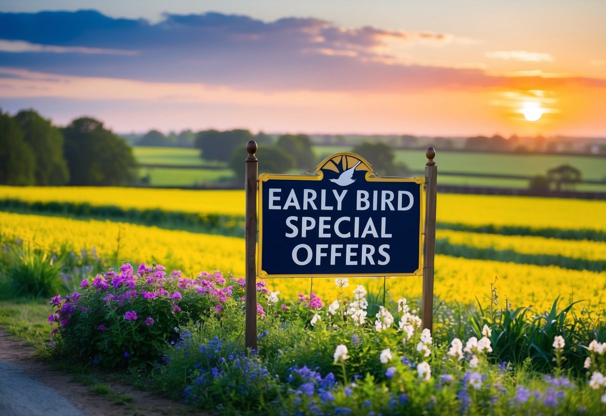 A colorful sunrise over a tranquil countryside, with a quaint sign advertising "Early Bird Special Offers" nestled among blooming flowers