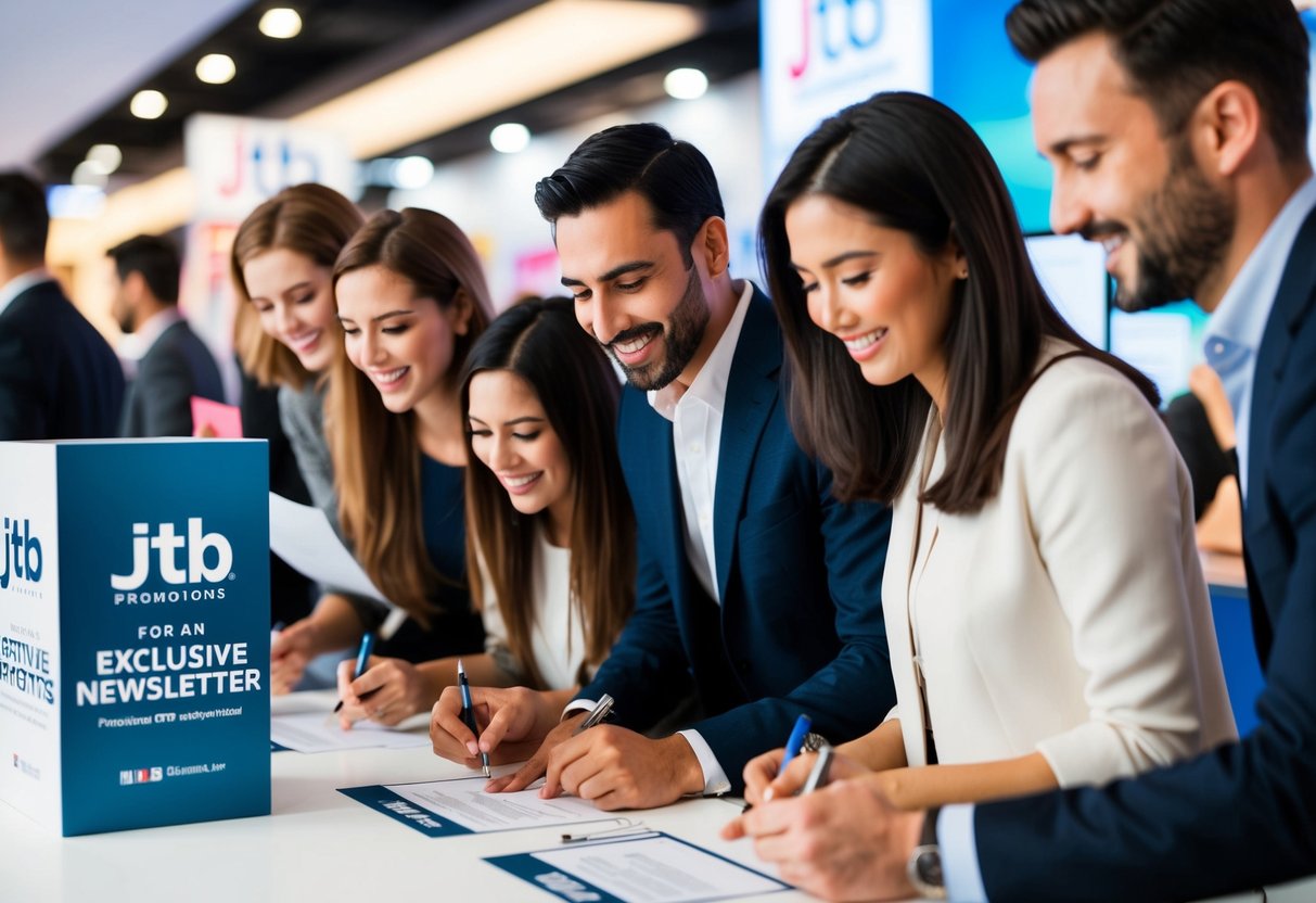A group of people eagerly signing up for an exclusive newsletter at a jtb promotions booth