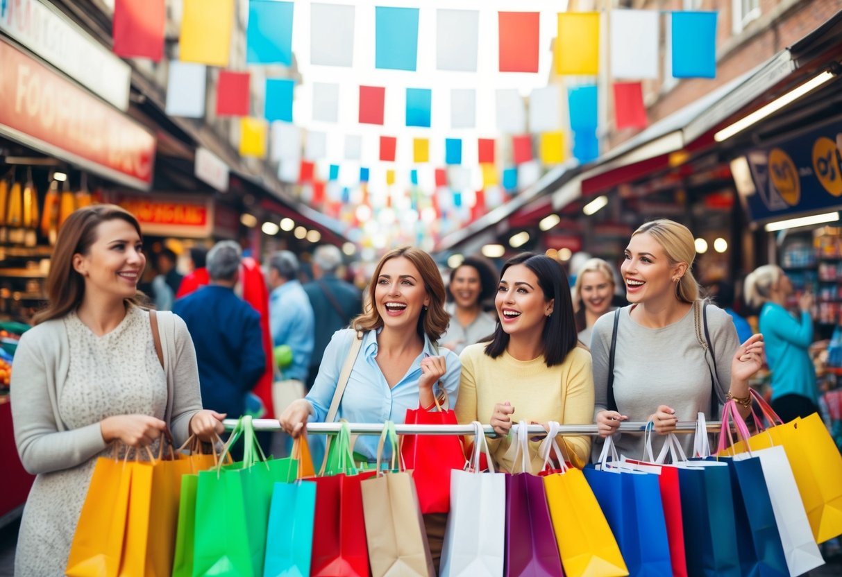 A bustling marketplace with colorful banners and excited shoppers browsing through discounted items