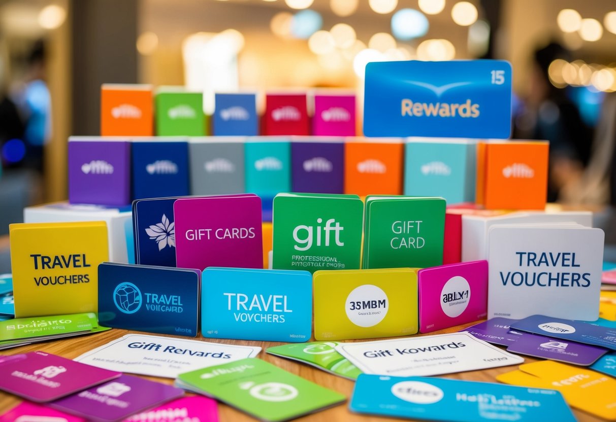 A colorful array of rewards, from gift cards to travel vouchers, displayed in a vibrant, inviting setting