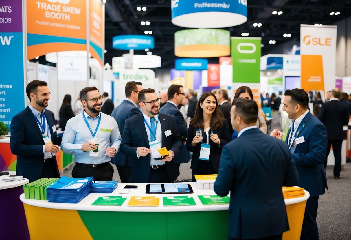 A bustling trade show booth with colorful banners, promotional materials, and eager staff engaging with potential clients