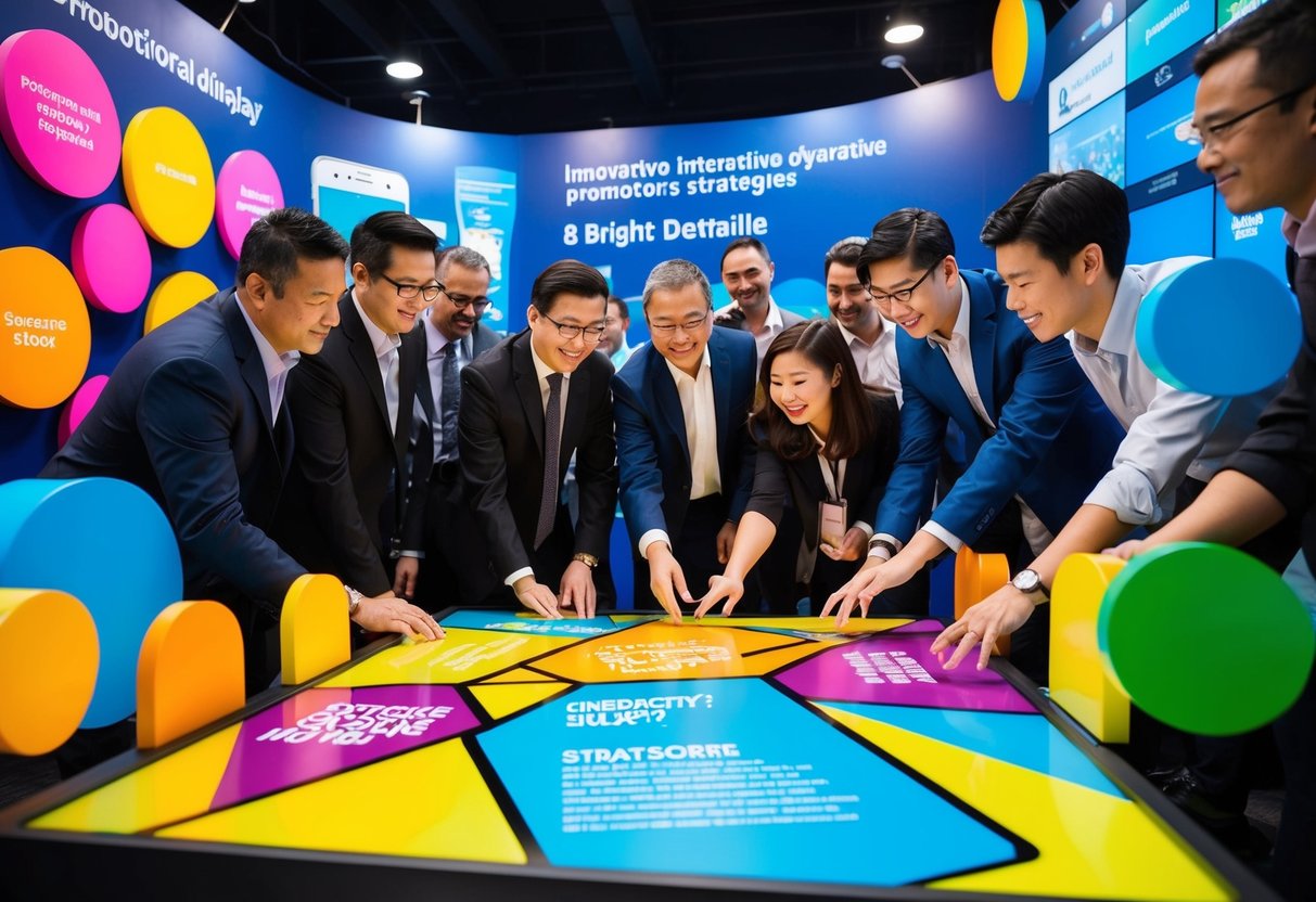A group of people gather around a vibrant, interactive display showcasing innovative promotional strategies. Bright colors and dynamic shapes catch the eye