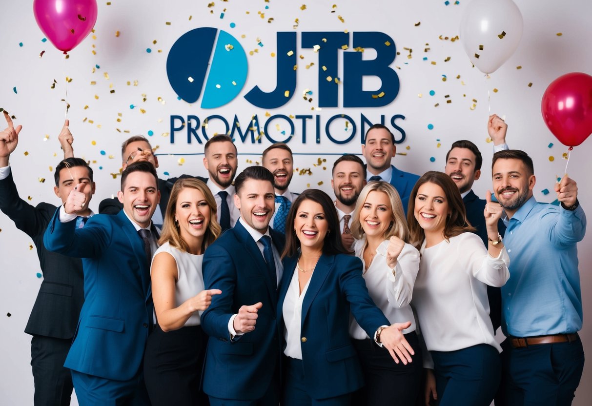 A group of happy clients celebrate with jtb promotions logo in the background. Confetti and balloons add to the festive atmosphere