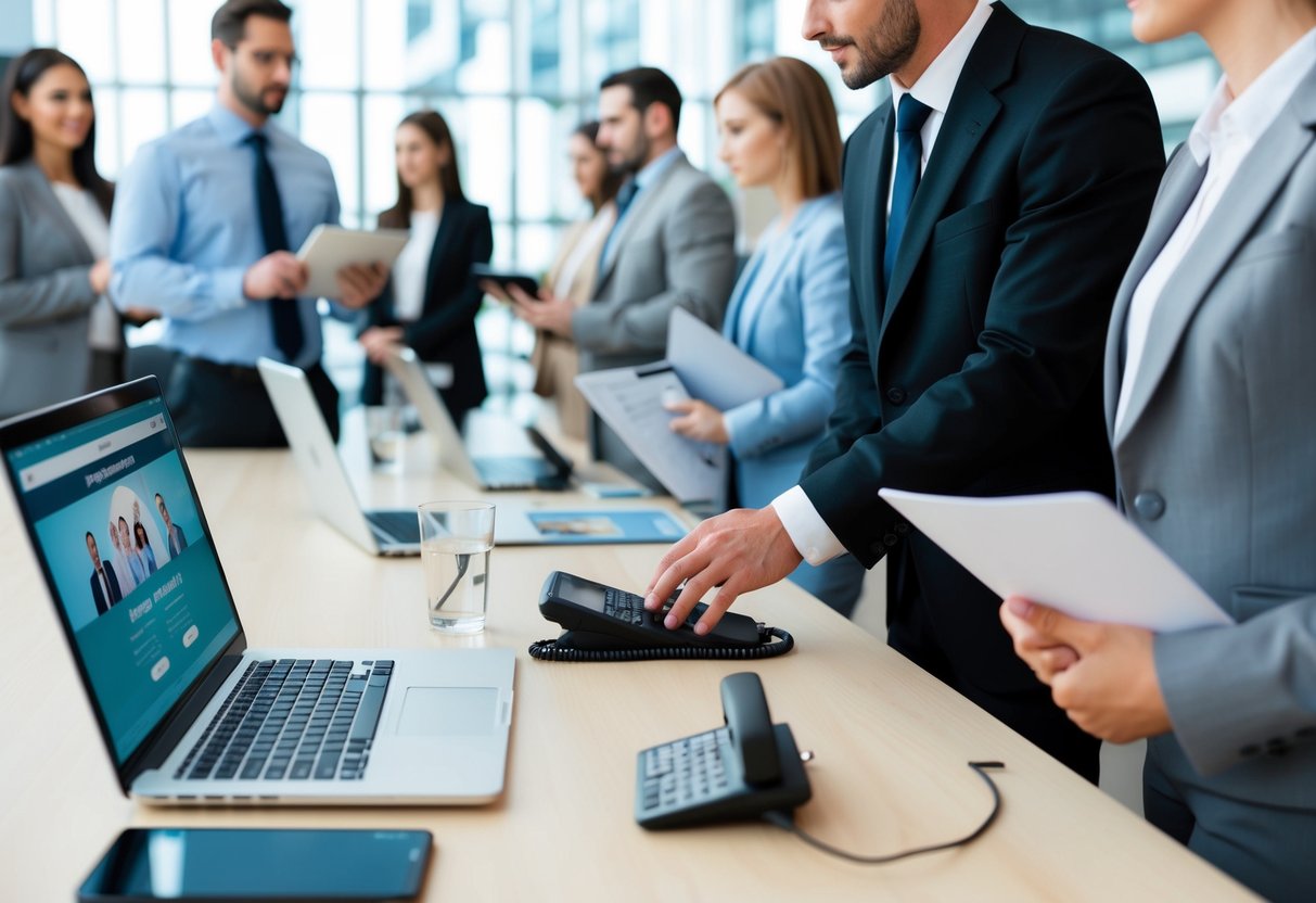 A desk with a laptop, phone, and promotional materials. A customer service representative assisting a line of people