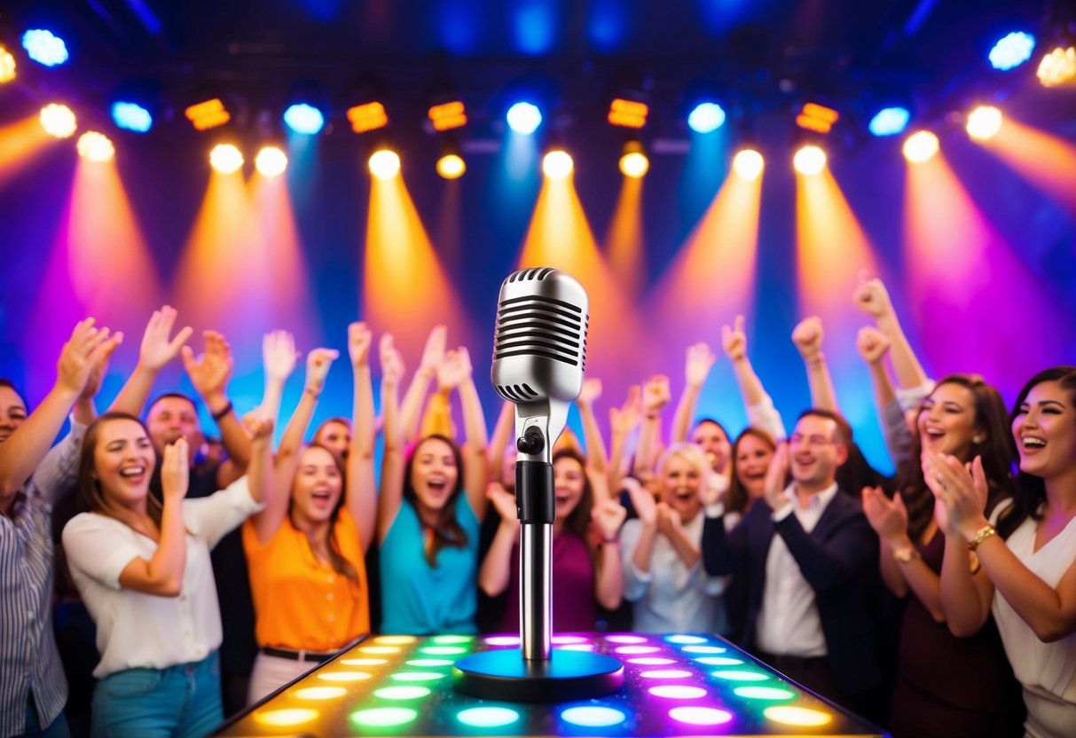A colorful karaoke stage with bright lights and a microphone stand, surrounded by excited audience members cheering and clapping