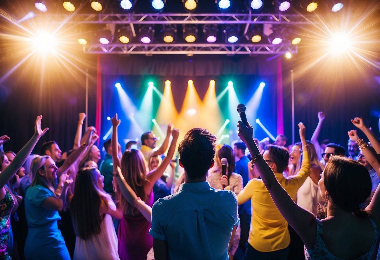 A colorful karaoke stage with flashing lights, a microphone, and a crowd of excited people dancing and singing along